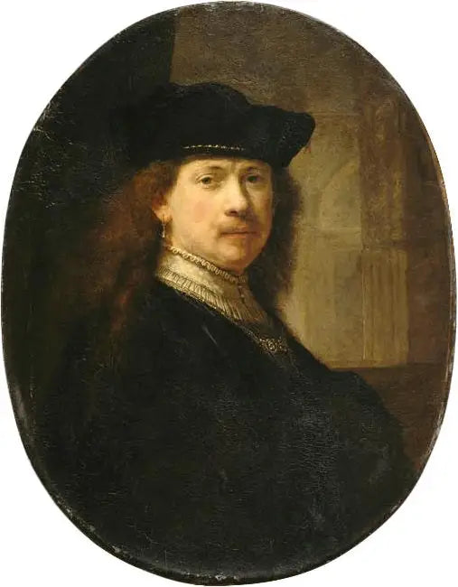 Self-Portrait with a Hat against an Architectural Background - Rembrandt