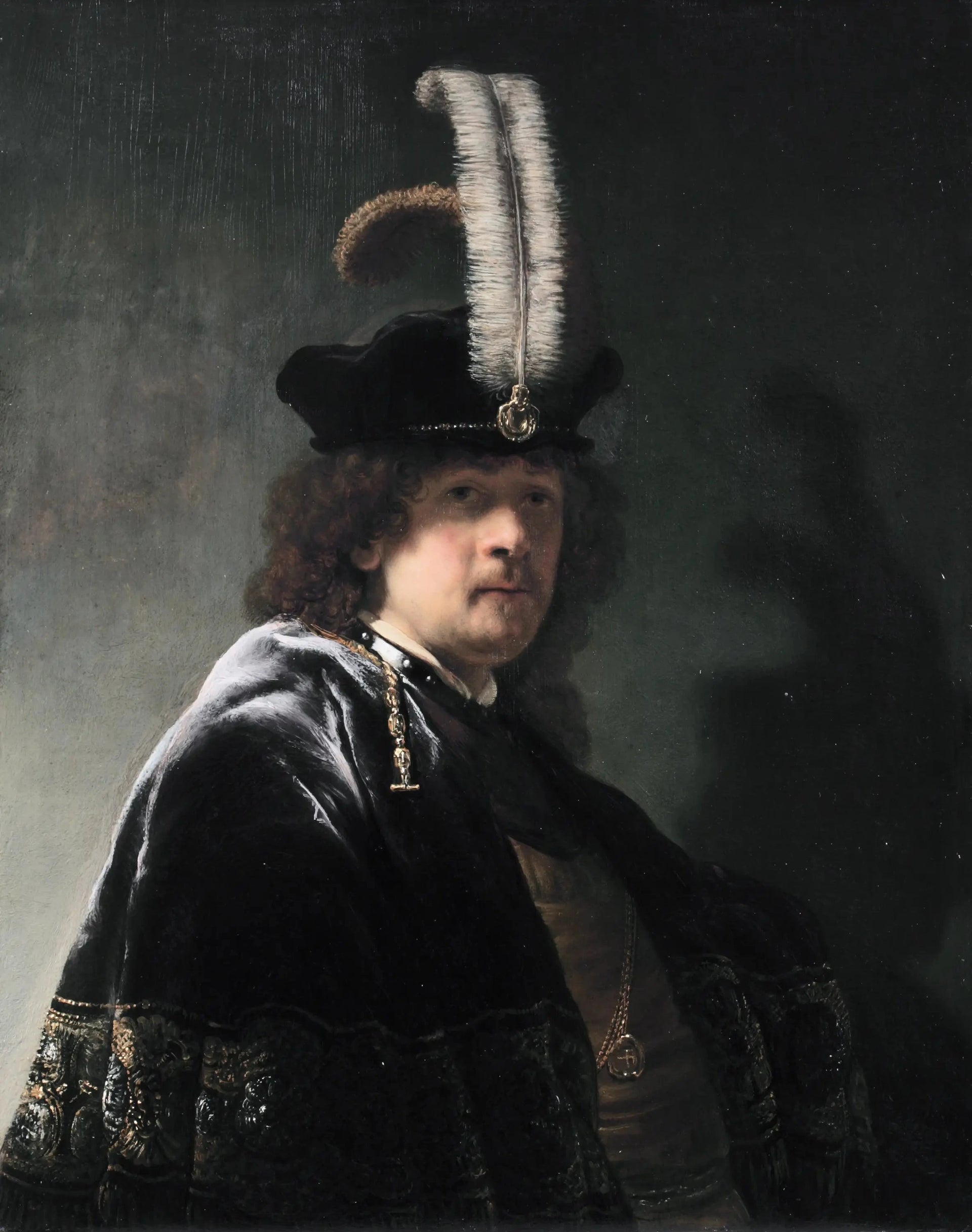 Autoportrait au bonnet à plumes — Rembrandt, 1635, Buckland Abbey