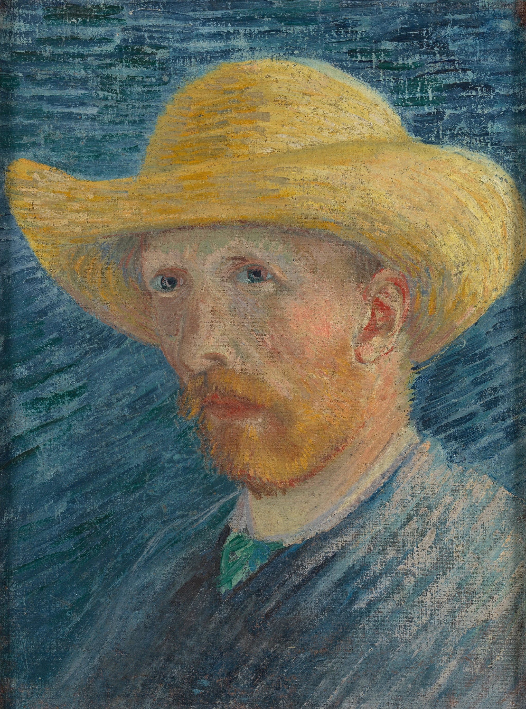 Autoportrait au chapeau de paille, F61v — Vincent van Gogh en veste grise devant un fond bleu