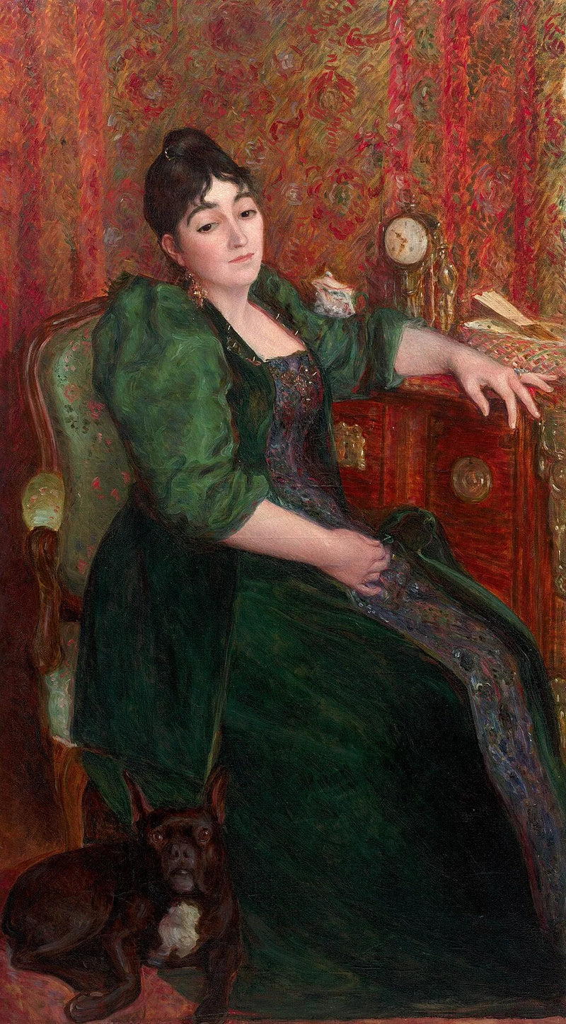 Self-portrait of the artist in a chair with Bob, her French Bulldog - Marie Bracquemond