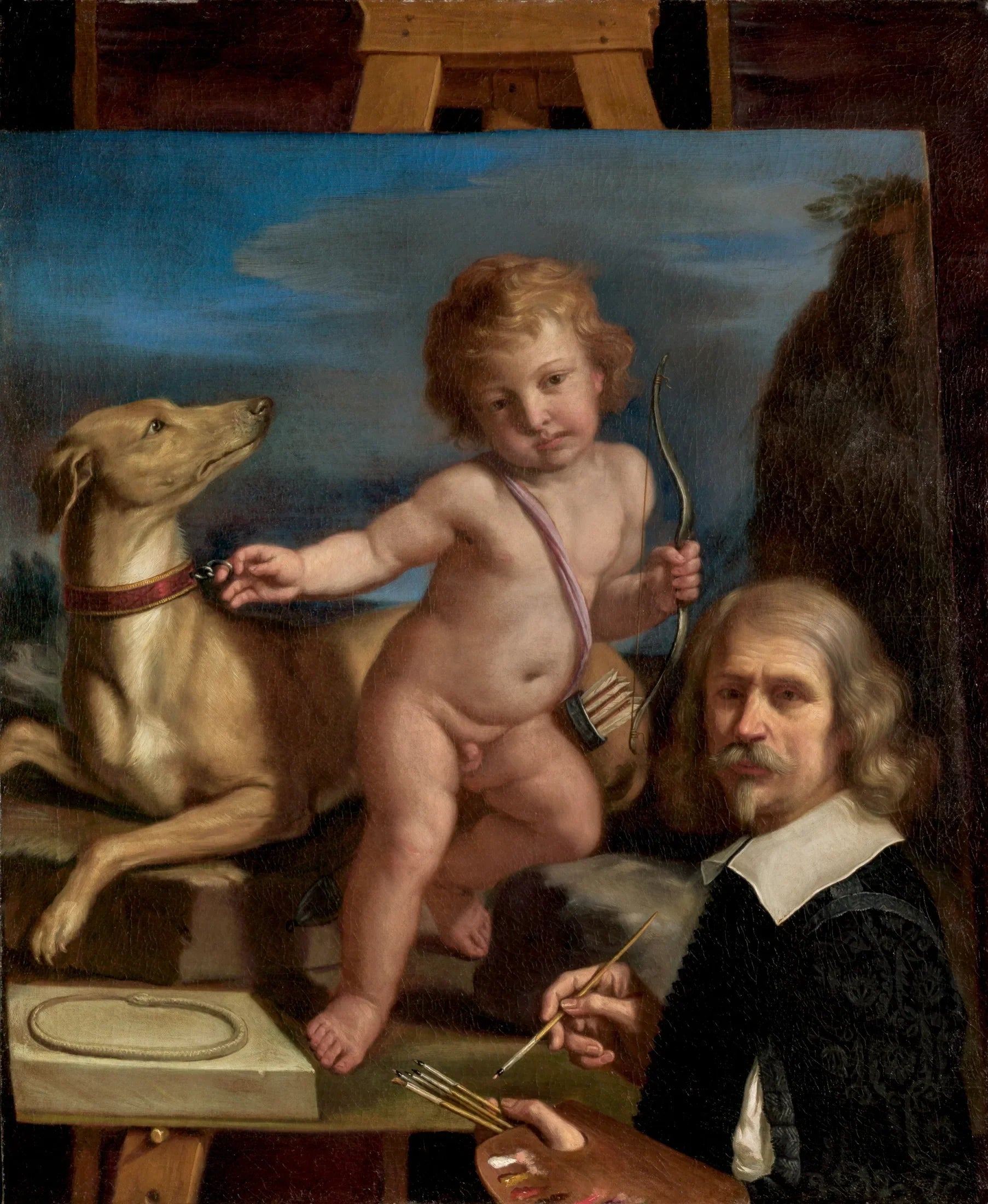 Autoportrait devant un tableau représentant « Amor Fedele » - Guercino image 1 reproduction artisanale de tableau