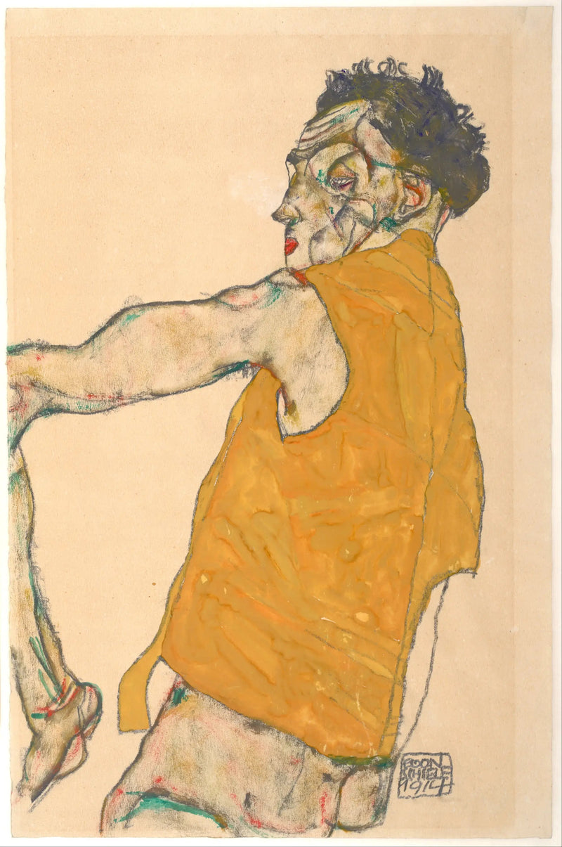 Self-Portrait in Yellow Vest - Egon Schiele