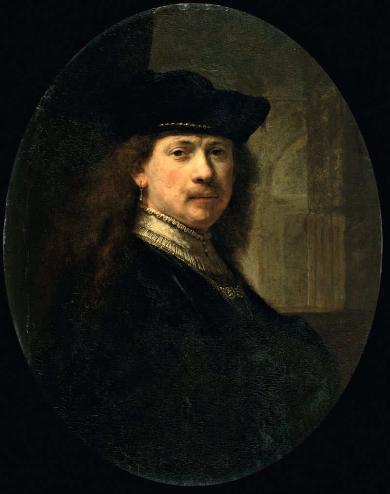 Self-Portrait with a Hat against an Architectural Background - Rembrandt