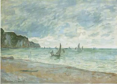 Fishing boats in front of the beach and cliffs of Pourville - Claude Monet