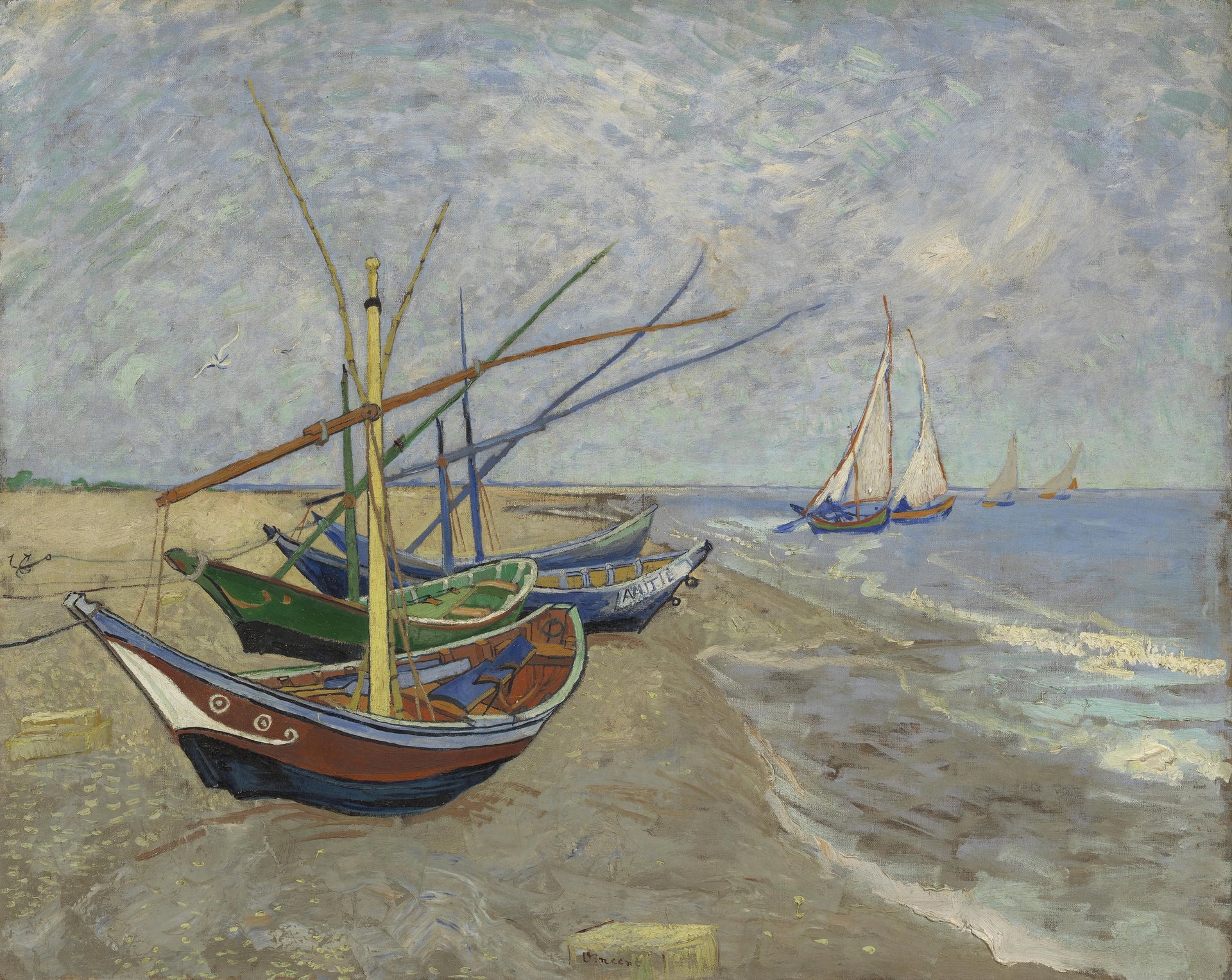 Barques sur la plage des Saintes-Maries, F413 — bateaux colorés, mâts et mer peints par Vincent van Gogh