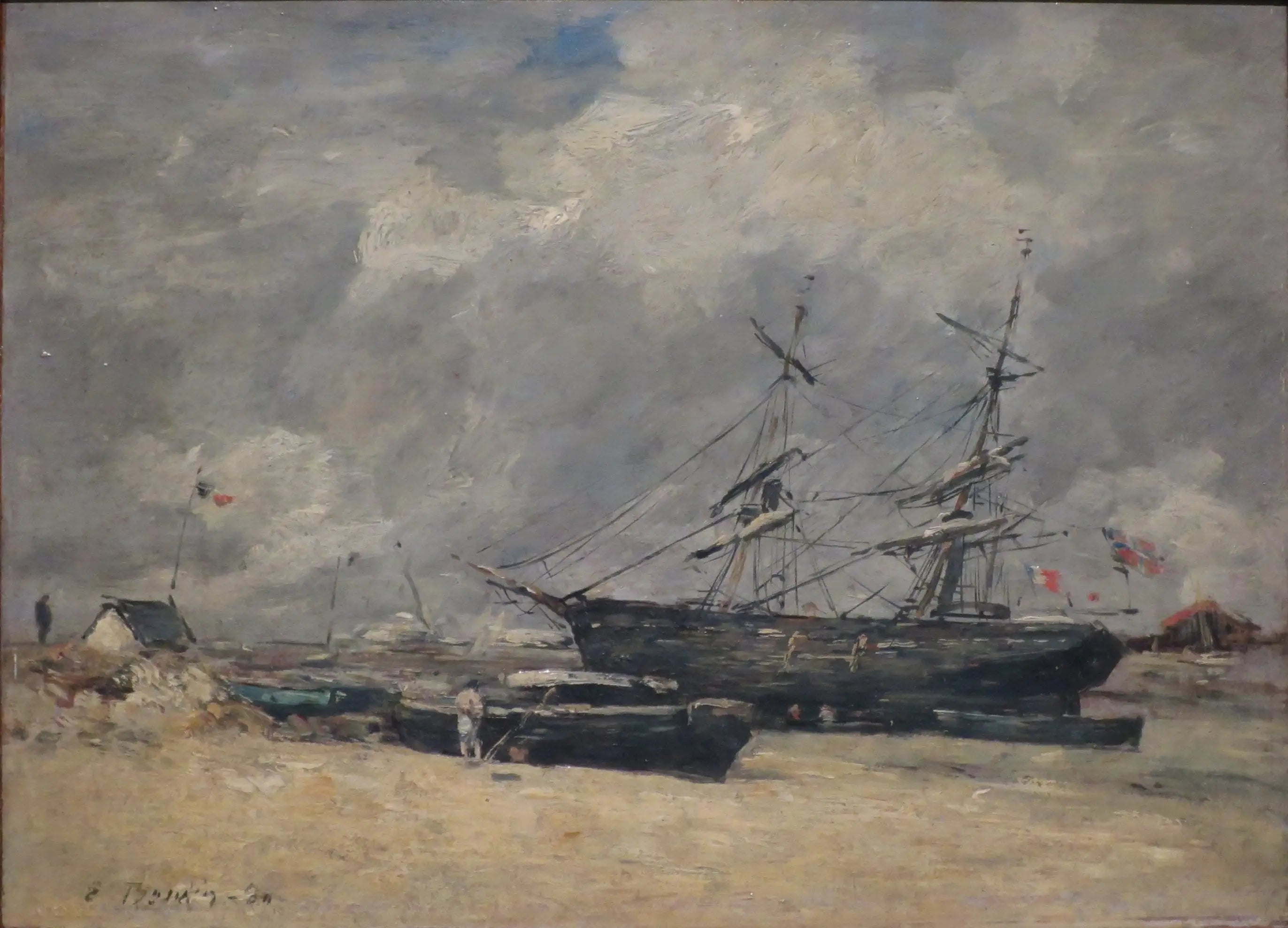 Bateaux de pêche sur la plage. Trouville, marée basse - Eugène Boudin image 1 reproduction de peinture à l’huile