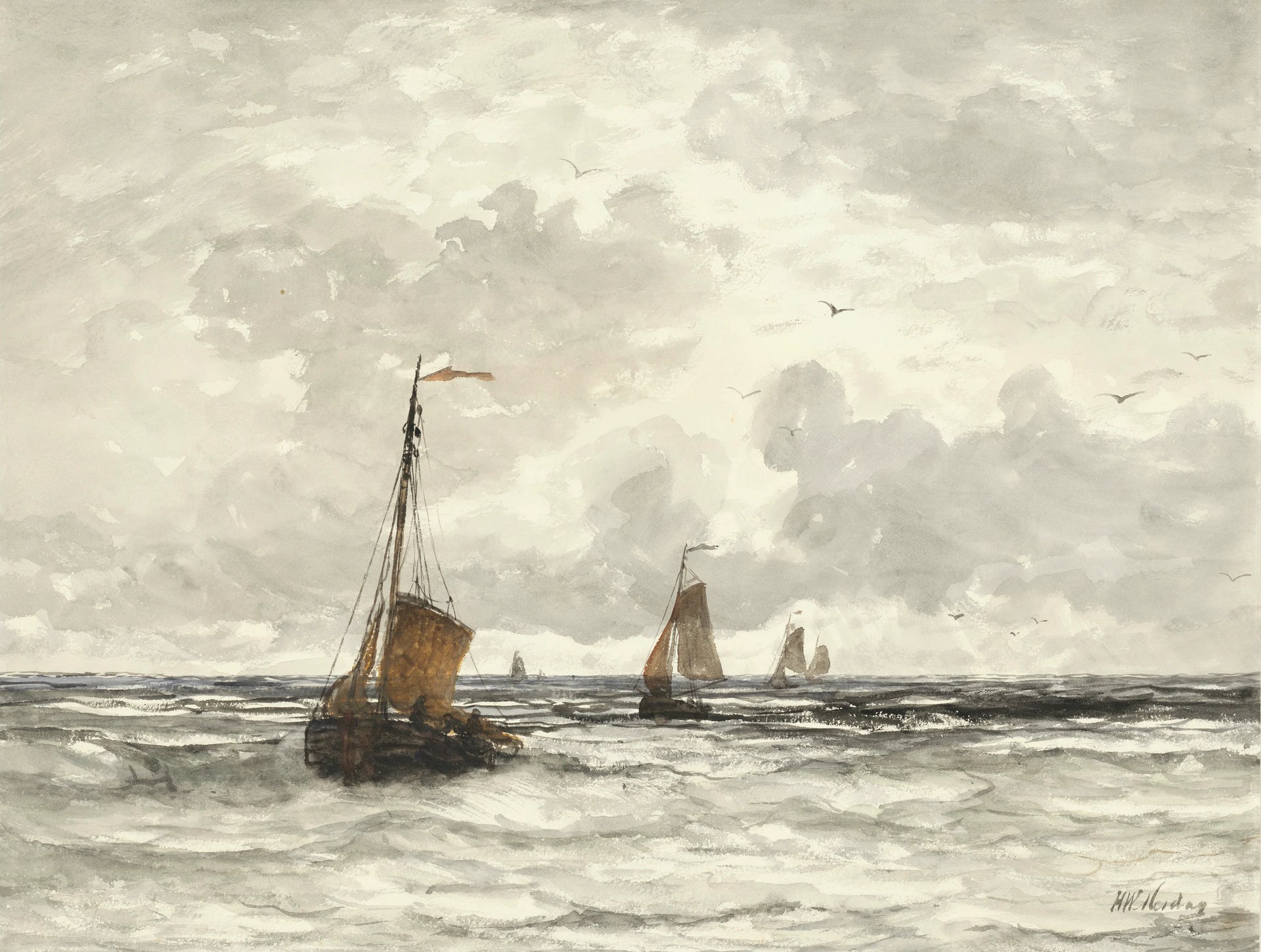Bateaux de pêche dans les vagues - Hendrik Willem Mesdag