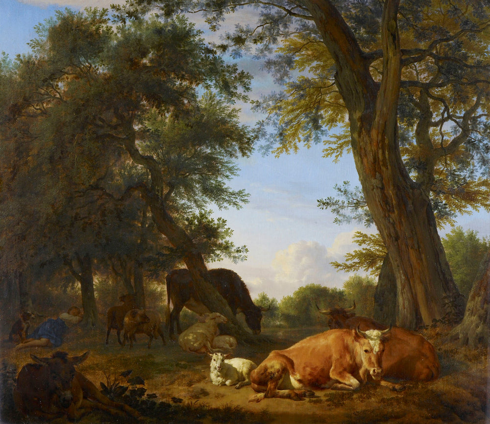 Bétail et moutons se reposant sous les arbres : une bergère endormie - Adriaen van de Velde image 1 copie de tableau peinte à la main