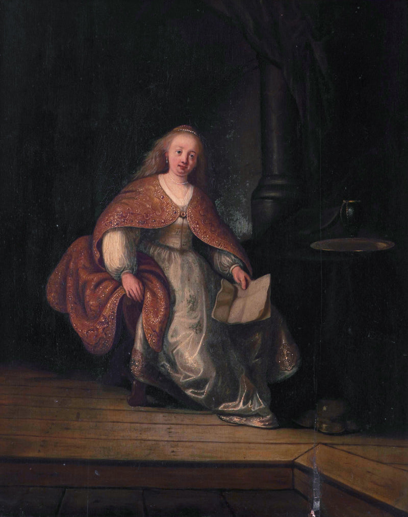 Saskia wearing a rich dress as Bathsheba (alone) with the letter from David - Rembrandt