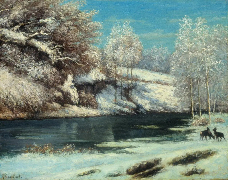 Doe and roe deer near a river - Gustave Courbet