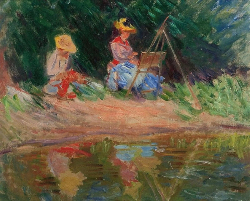 Blanche Monet painting with her sister Suzanne by the water - Claude Monet