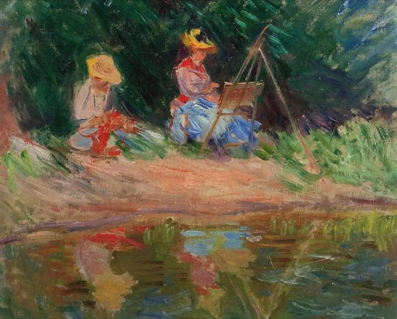 Blanche Monet painting with her sister Suzanne by the water - Claude Monet