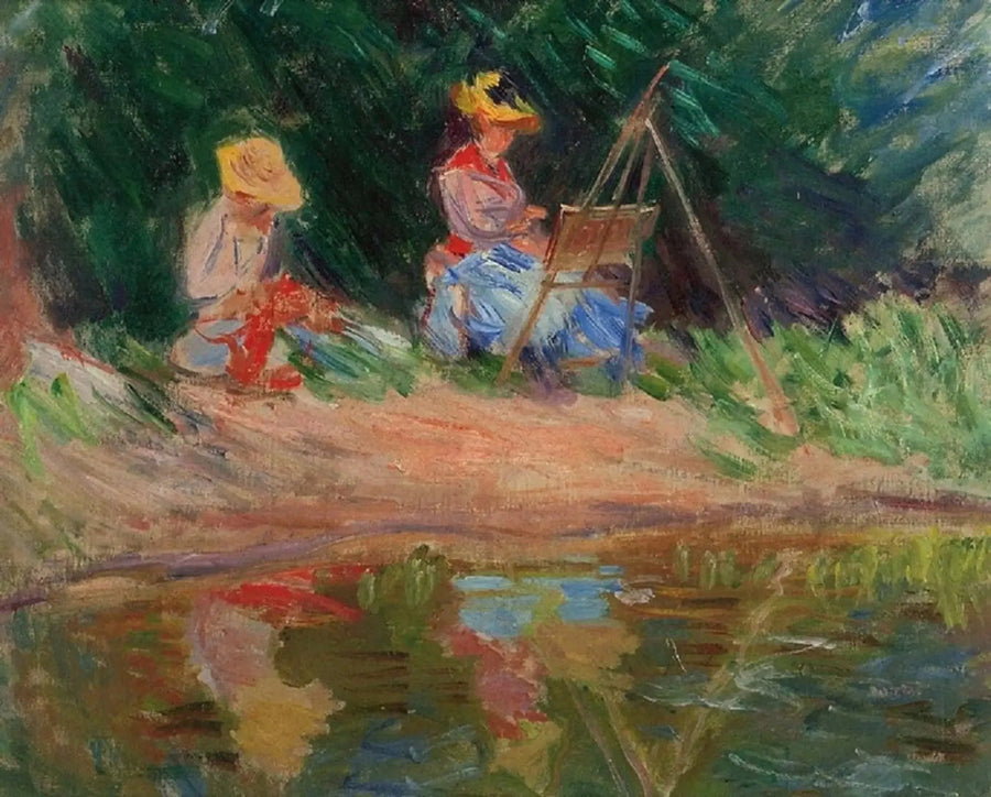 Blanche Monet painting with her sister Suzanne by the water - Claude Monet