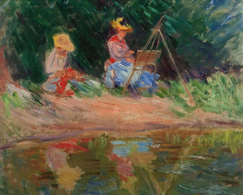 Blanche Monet painting with her sister Suzanne by the water - Claude Monet