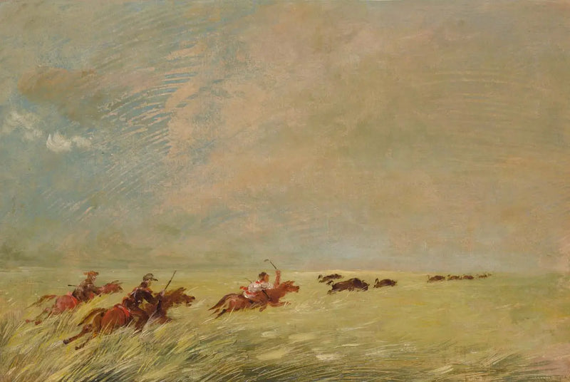Bogard, Batiste and I Hunting the Bison in the Tall Grasses on a Missouri Background - George Catlin