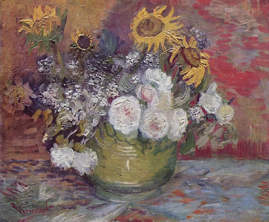 Bowl with sunflowers, roses, and other flowers - Vincent van Gogh