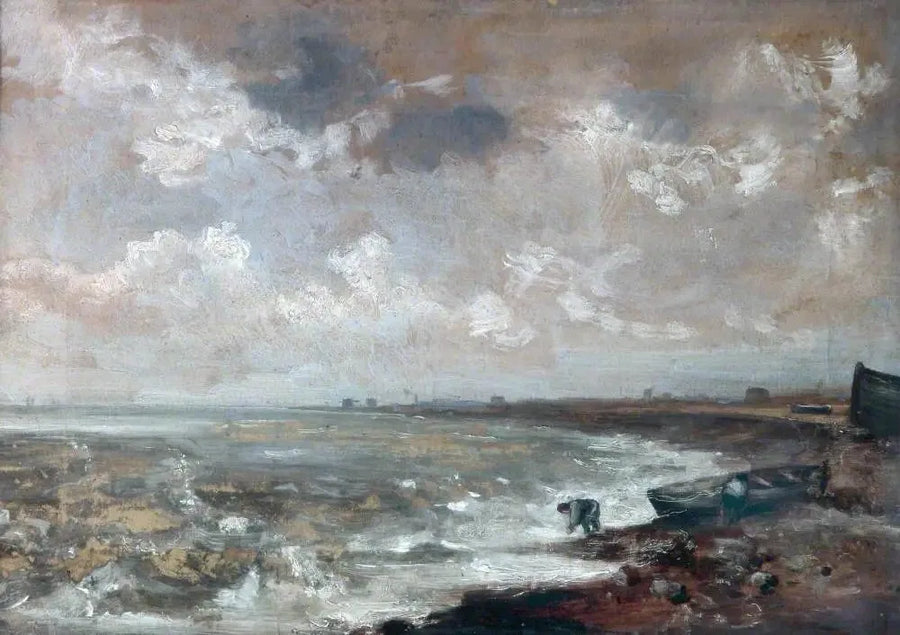 Seaside with fishermen near a boat - John Constable