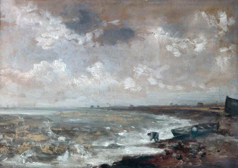Seaside with fishermen near a boat - John Constable