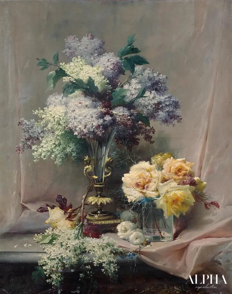 Bouquet de lilas et de roses sur une table - Eugène Bidau - Reproductions de tableaux et peintures haut de gamme