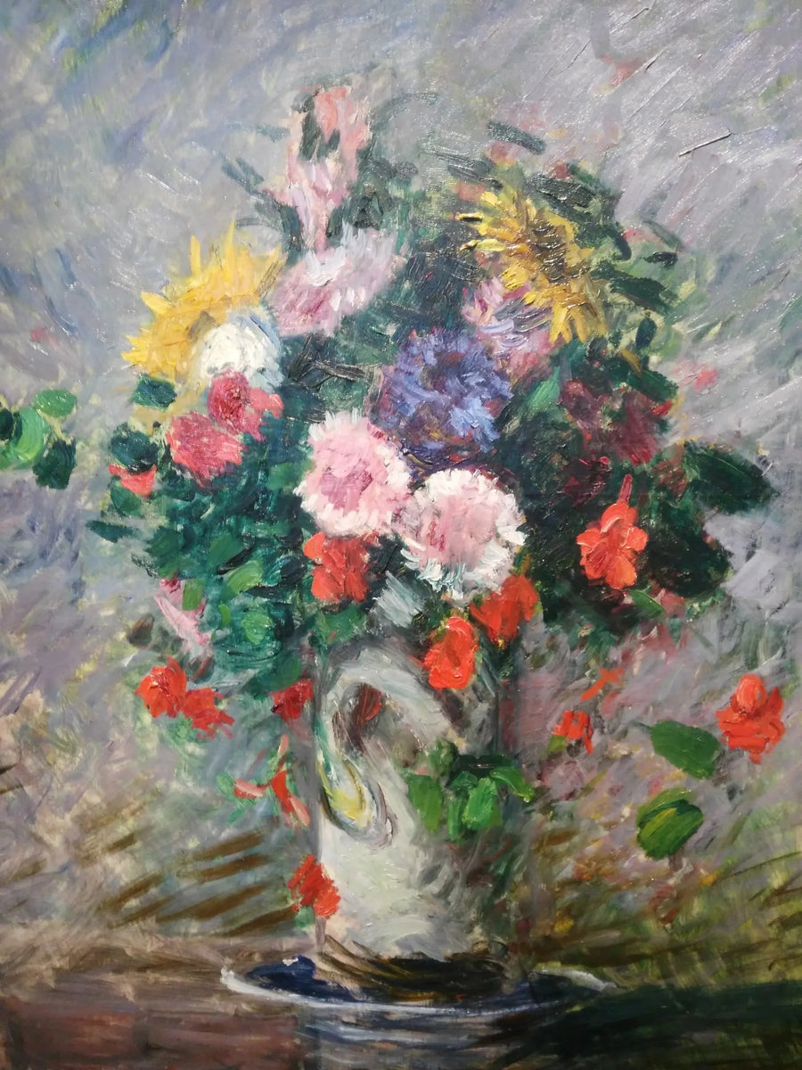 Bouquet of daisies, nasturtiums, and sunflowers in a vase - Gustave Caillebotte