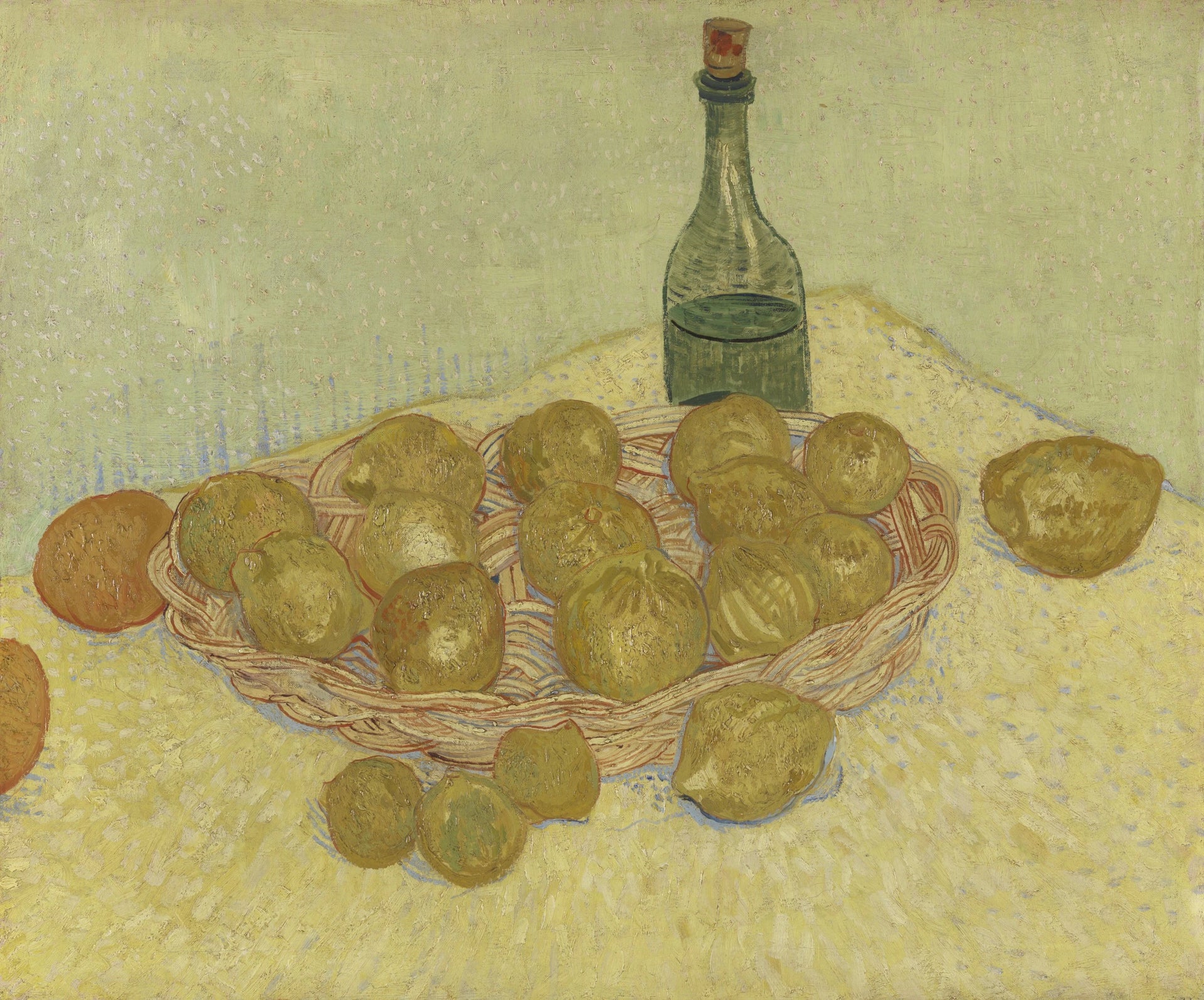 Nature morte à la bouteille, aux citrons et aux oranges, F384 — panier d’agrumes et bouteille peints par Vincent van Gogh