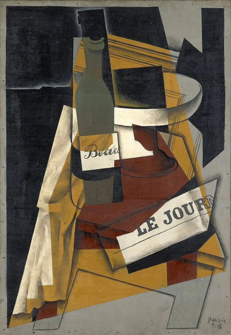 Bottle and compote dish (Bottle, newspaper, and compote dish) - Juan Gris
