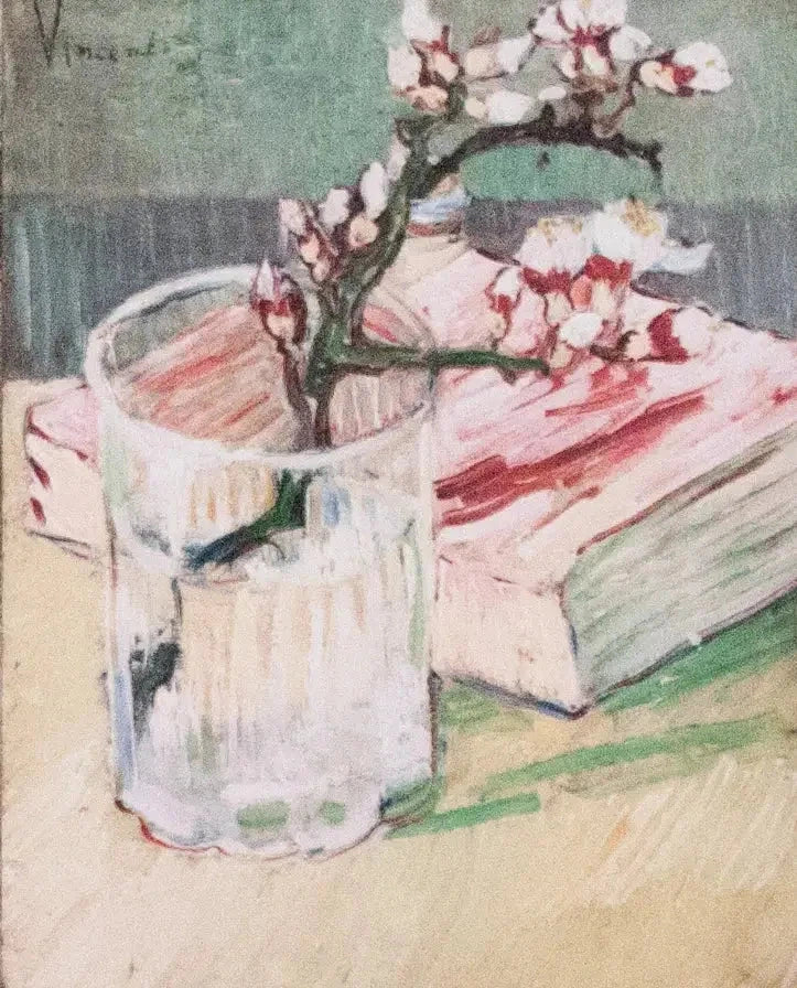 Almond branch in bloom in a glass with a book - Vincent van Gogh