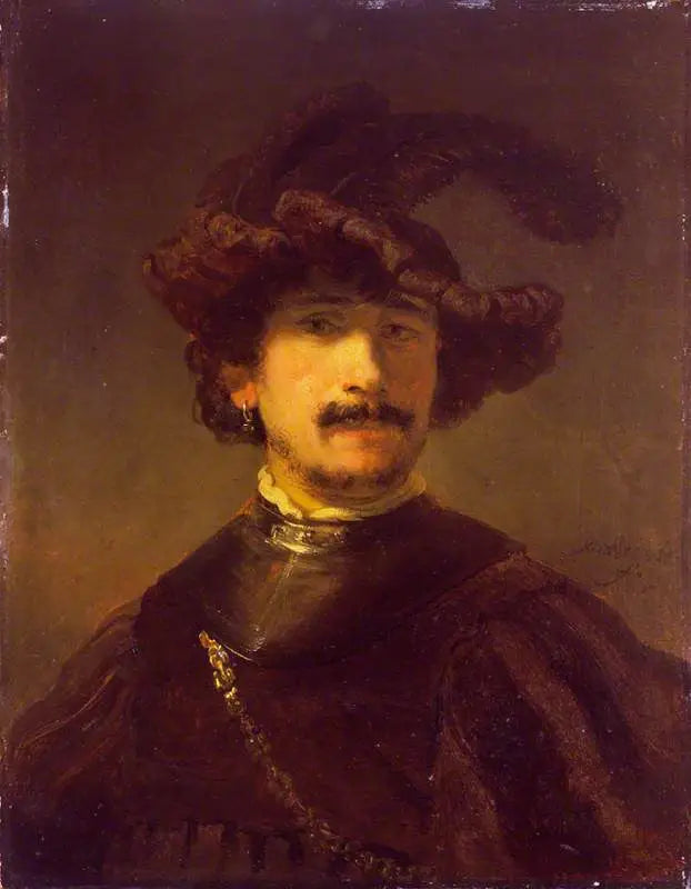Bust of a man in a gorget and feathered cap - Rembrandt