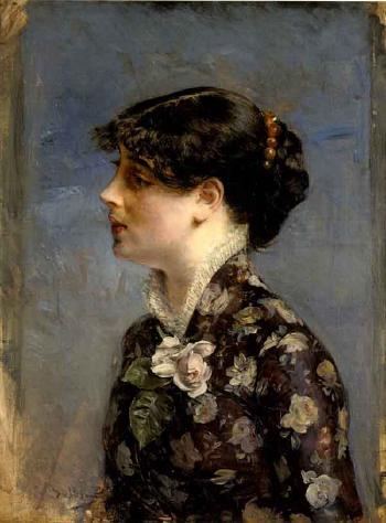 Bust of a young brunette in profile, on the left, in a floral blouse - Giovanni Boldini
