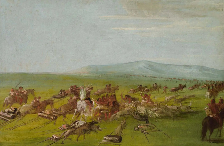 Comanche encampment in motion, dog fight on the way - George Catlin