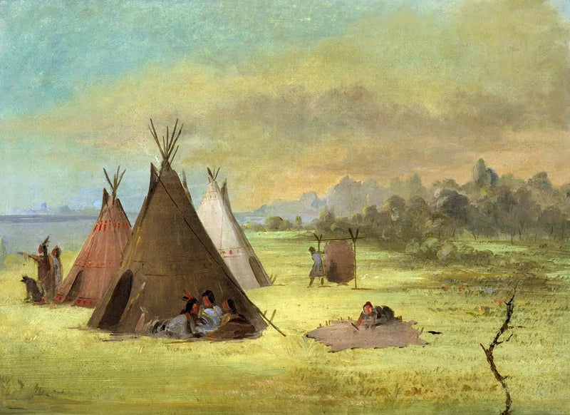 Indian encampment, Comanche (or Kiowa) preparing hides, Red River - George Catlin