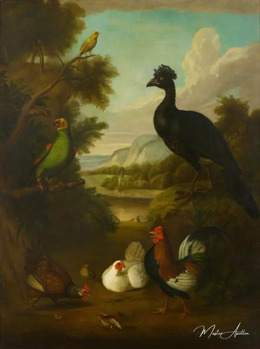 Canari, perroquet vert et autres oiseaux dans un paysage - Tobias Stranover - Reproductions de tableaux et peintures haut de gamme