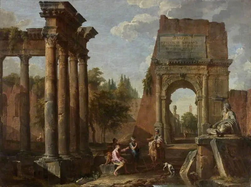 Architectural Capriccio, Arc de Titus with figures - Giovanni Paolo Panini