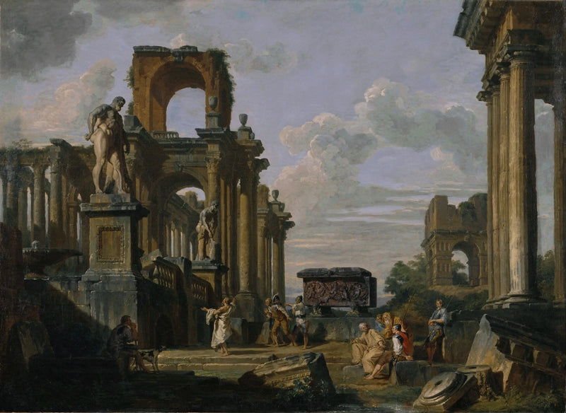 Architectural Capriccio of the Roman Forum with Philosophers and Soldiers among Antique Ruins, including the Arc de Janus Quadrifrons, the Santa Constanza Sarcophagus, the Farnese Hercules, and Cincinnatus - Giovanni Paolo Panini