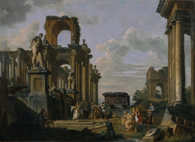 Architectural Capriccio of the Roman Forum with Philosophers and Soldiers among Antique Ruins, including the Arc de Janus Quadrifrons, the Santa Constanza Sarcophagus, the Farnese Hercules, and Cincinnatus - Giovanni Paolo Panini