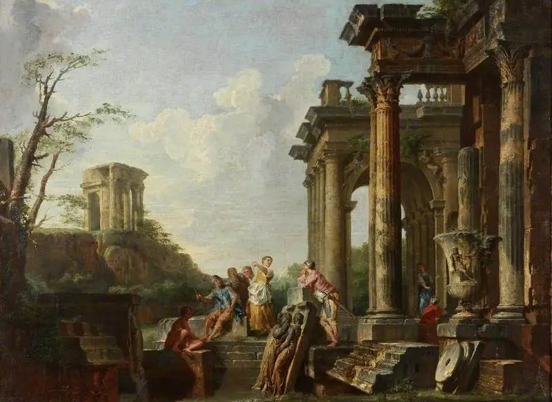 Capriccio architectural, ruines romaines avec figures - Giovanni Paolo Panini image 1 reproduction de peinture à l’huile