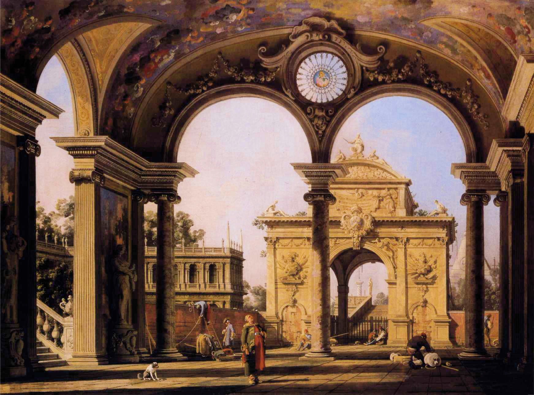 Capriccio with a Renaissance triumphal arch seen from the portico of a palace - Canaletto