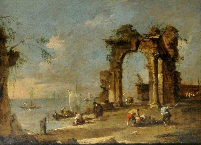 Capriccio with a ruined arch at the edge of a lagoon - Francesco Guardi