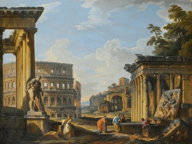 Classical Ruins Capriccio with the Temple of Antoninus and Faustina, the Colosseum, the Basilica of Maxentius - Giovanni Paolo Panini