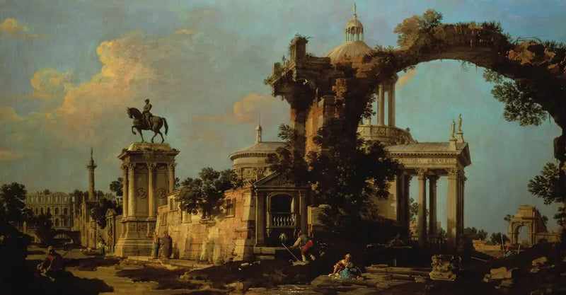 Roman Ruins Capriccio with a Dome Church and the Colleoni Monument - Canaletto