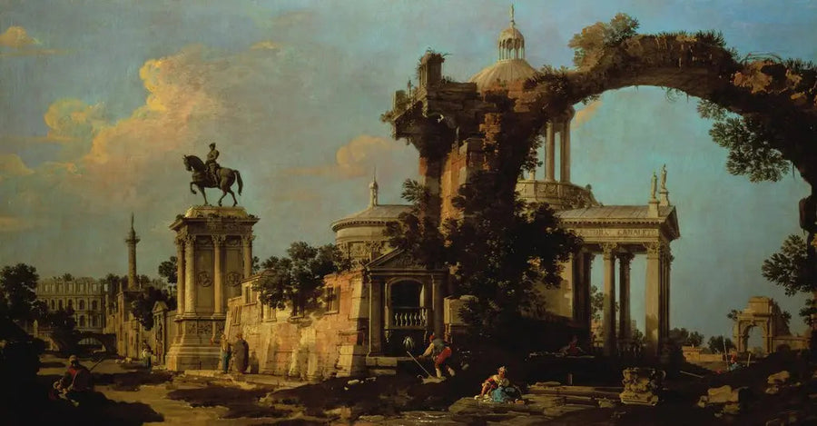 Roman Ruins Capriccio with a Dome Church and the Colleoni Monument - Canaletto