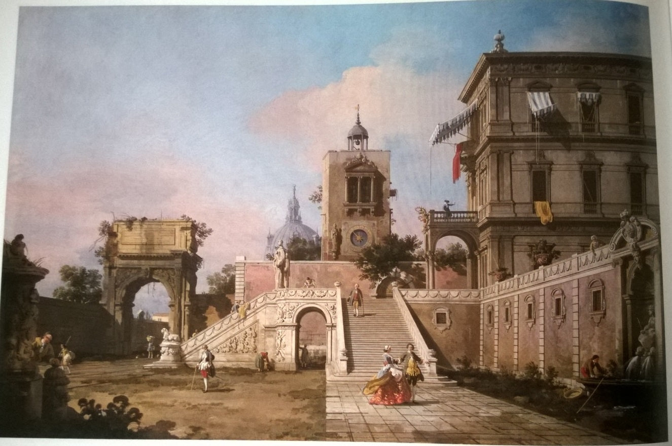 Renaissance Palace Capriccio with a monumental staircase, a clock tower, and the Arch of Titus in the background - Canaletto
