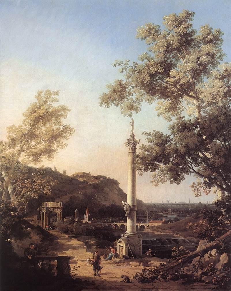 Capriccio: river landscape with a column - Canaletto