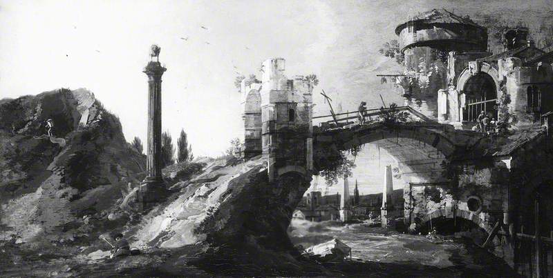 Capriccio : Ruined bridge with characters - Canaletto