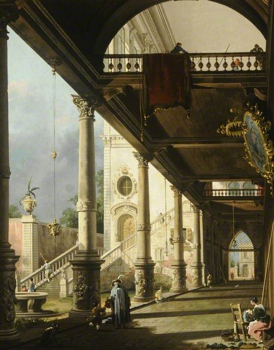 Capriccio: A colonnade opening onto the courtyard of a palace - Canaletto