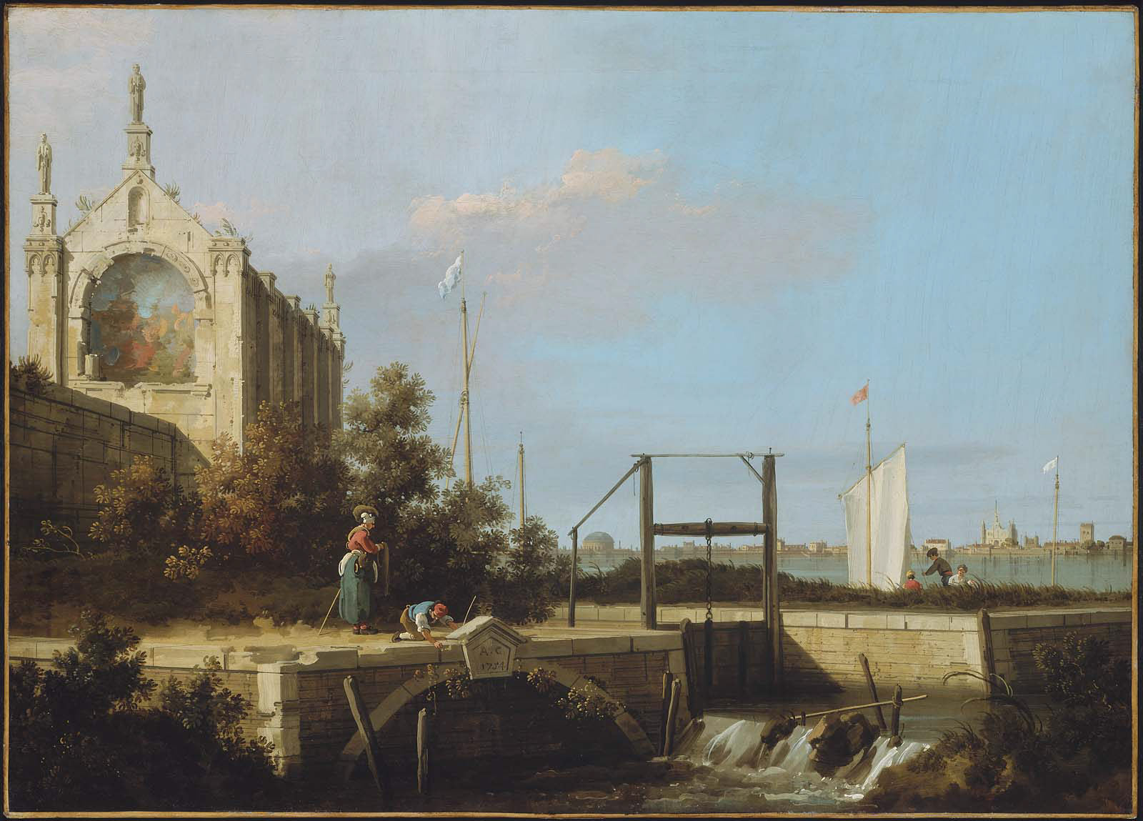 Capriccio: A lock on a river with a chapel - Canaletto