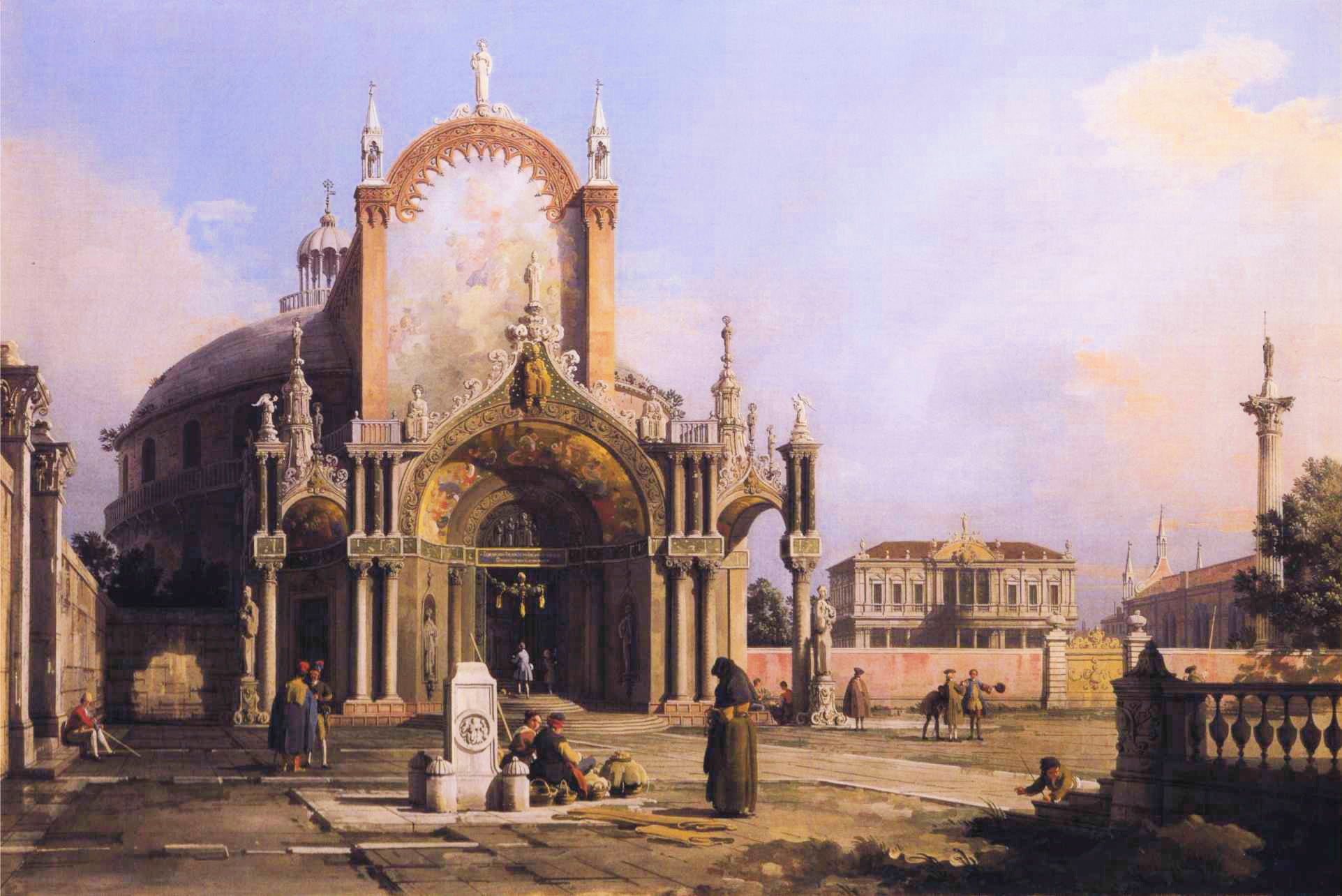 Capriccio: a round church with an elaborate Gothic portico on a square, a Palladian square, and a Gothic church in the background - Canaletto