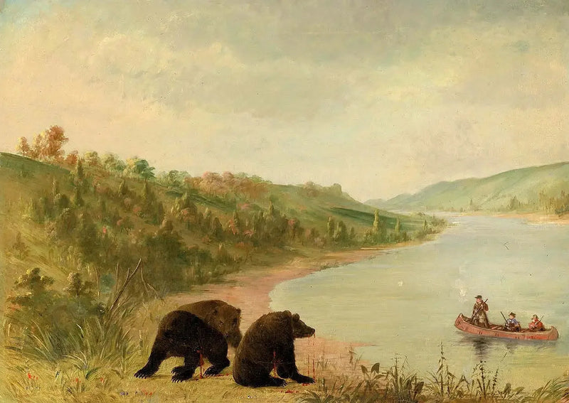 Catlin and His Men in Their Canoe, Urgently Called to Land, Upper Missouri - George Catlin