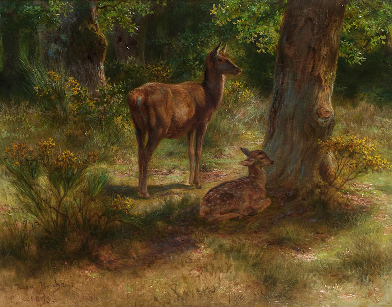 Deer and fawn in a forest - Rosa Bonheur