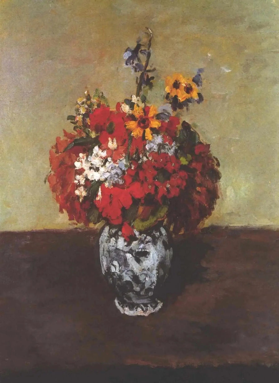 Geraniums and larkspur in a small Delft vase - Paul Cézanne